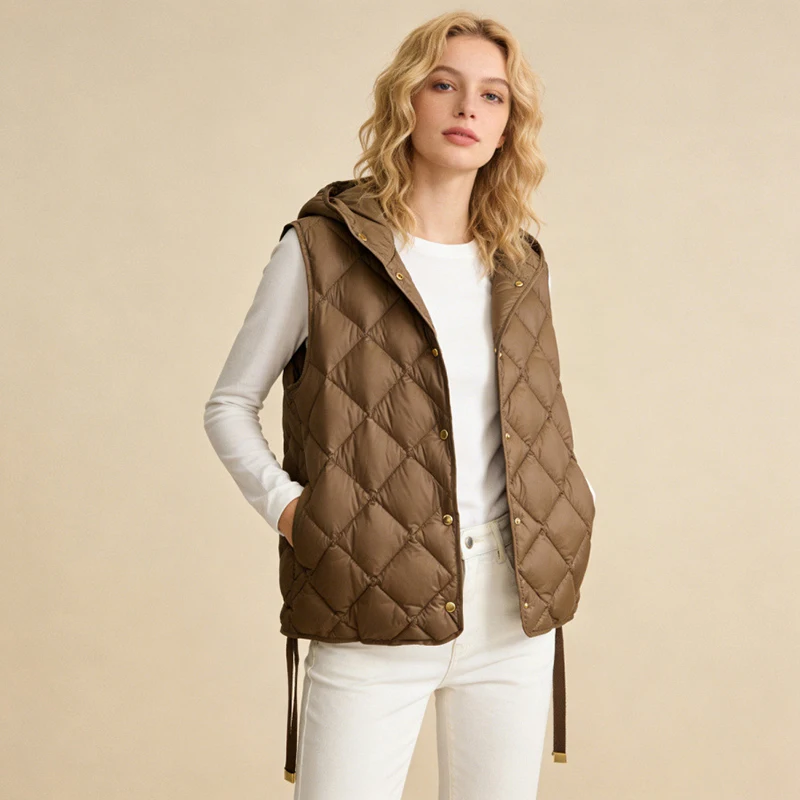 Schinteon Women 90% White Duck Down Vest Casual Sleeveless Jacket with Hood Argyle Simple Fashionable Autumn Winter Top New 2026