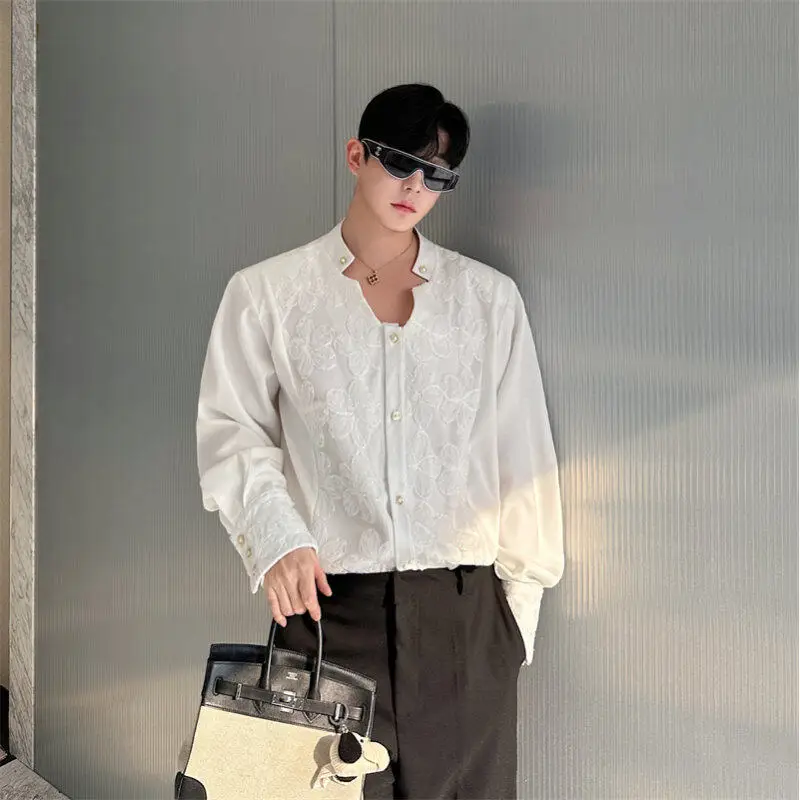 

Korean Sle Irregular V-Ne Long Sve Men's Design Sensation Small ence Tee-Dimensional Flower Patterned irt