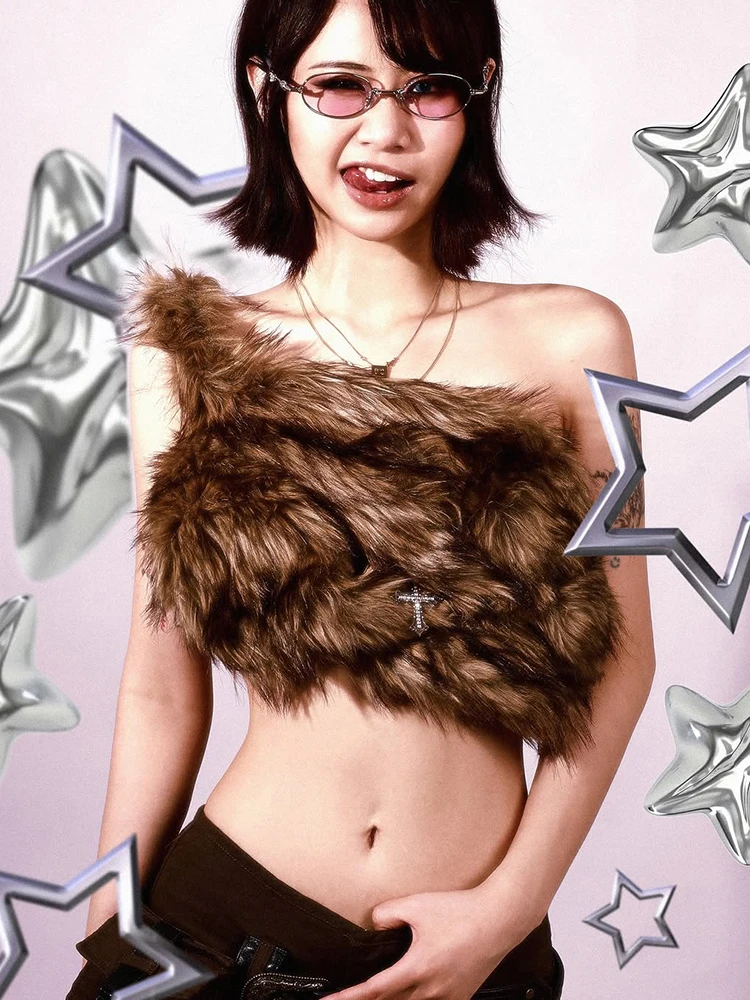 Cutenew Coquette Wild Furry Canotte Donna Tendenza sexy Off-spalla Midnight Party Clubwear Hottie High Street Wild Style Vest
