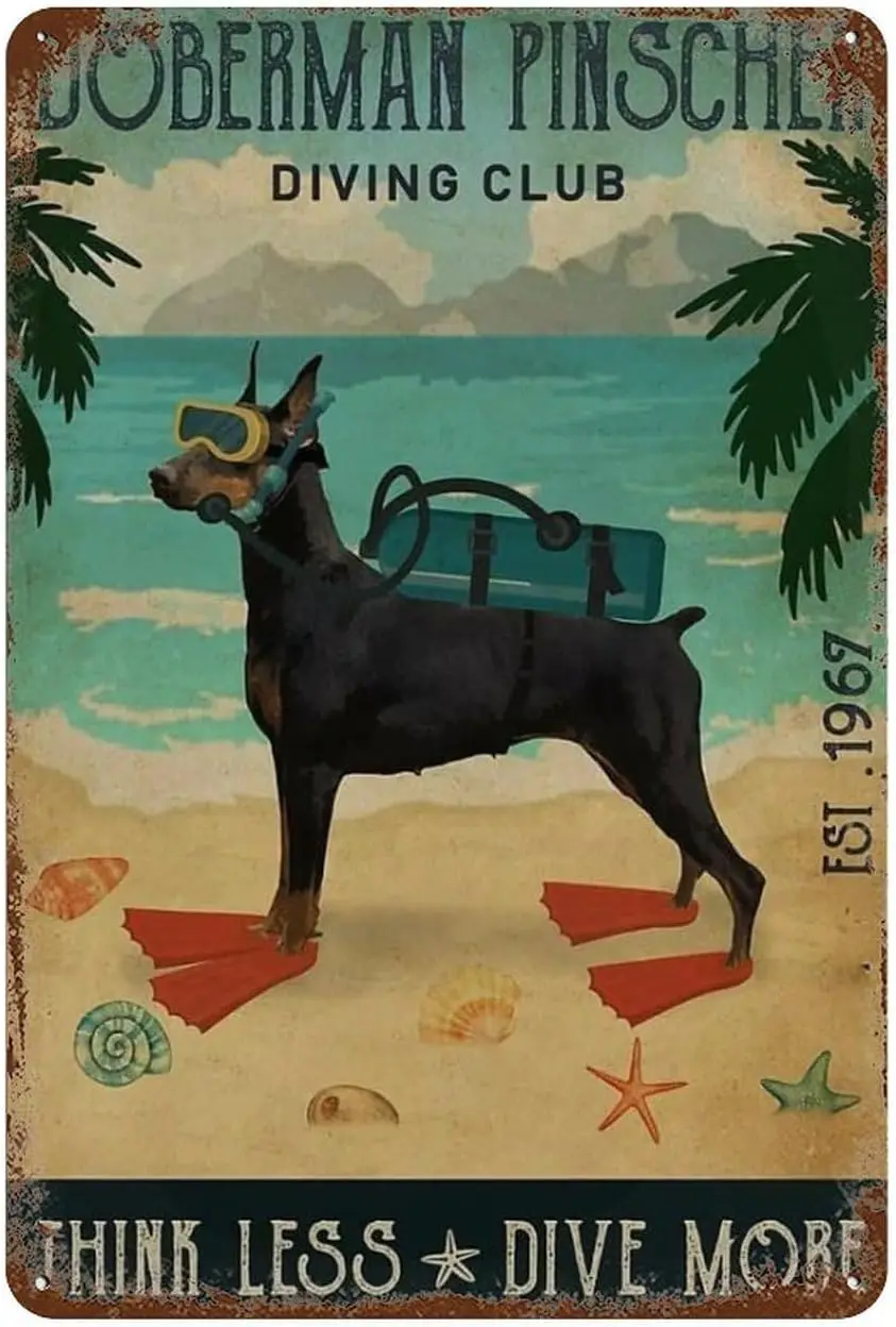 Metal Wall Art Decor For Women Diving Club Doberman Pinscher Sign Wall Art Decoration Living Room Bathroom Kitchen Poster Decor