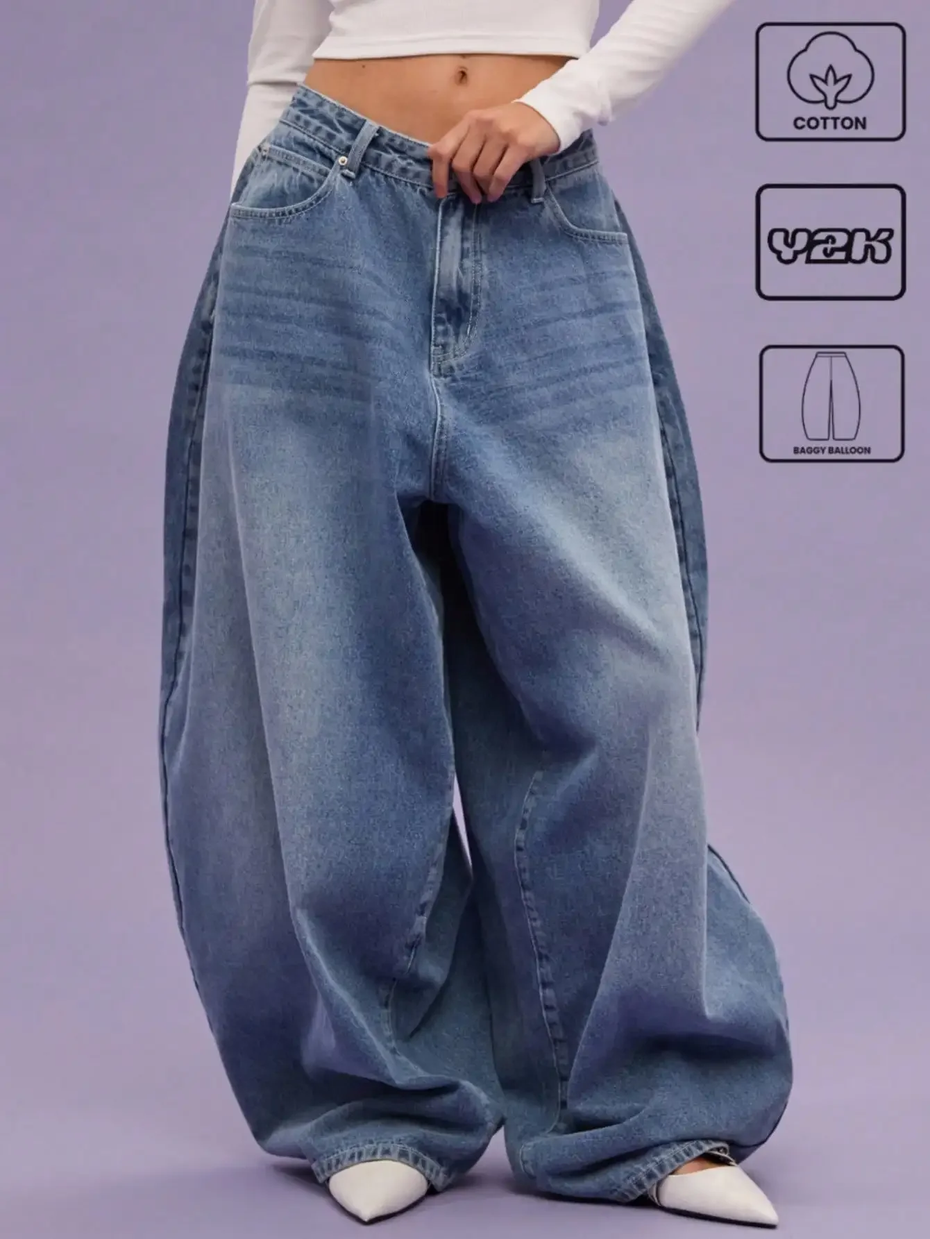 

Low Rise Baggy Balloon Fit Cotton Denim Jeans for Women