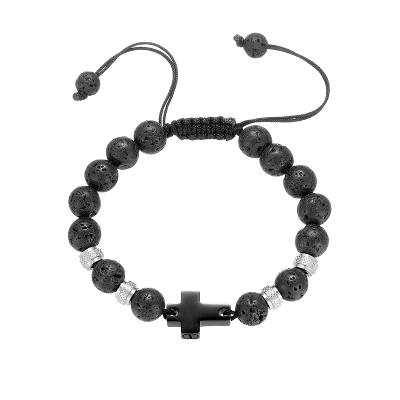 

Lava Stone Bracelet with Black Steel Cross Urn - Cremation Jewelry for Human Ashes, Memorial Keepsake Pendant