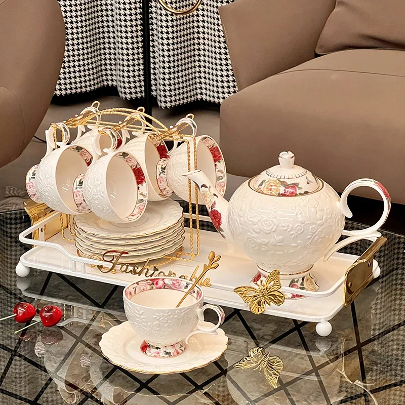 Tea Set Suit Ceramic Handmade Underglaze round Large Capacity Desktop Decoration British Afternoon Teapot Light Luxury High-End