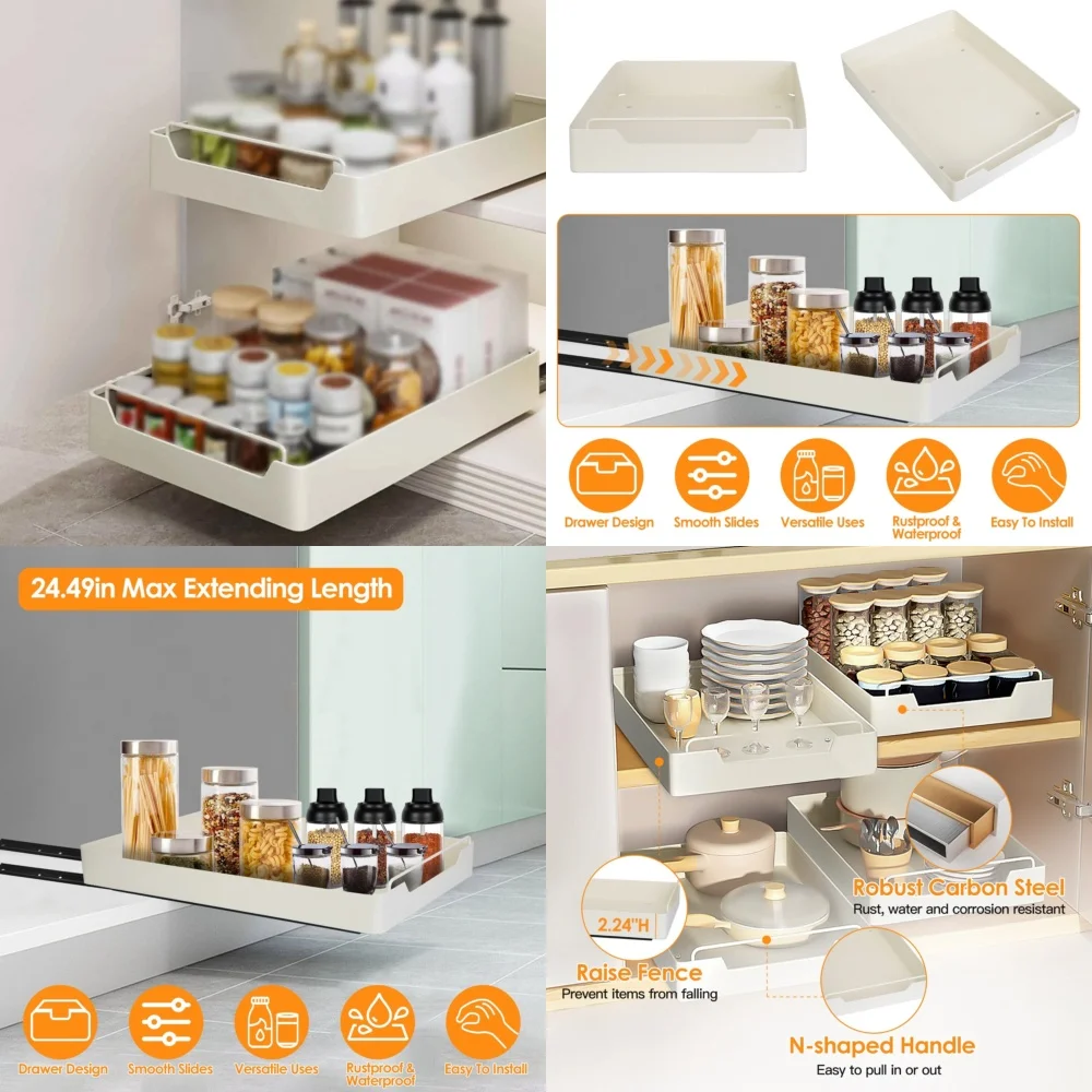 

storage shelfPull Out Drawer Slide for Kitchen Cabinet Organizer Shelf Storage Rack Spice Holder Expandable Soft Close Drawer