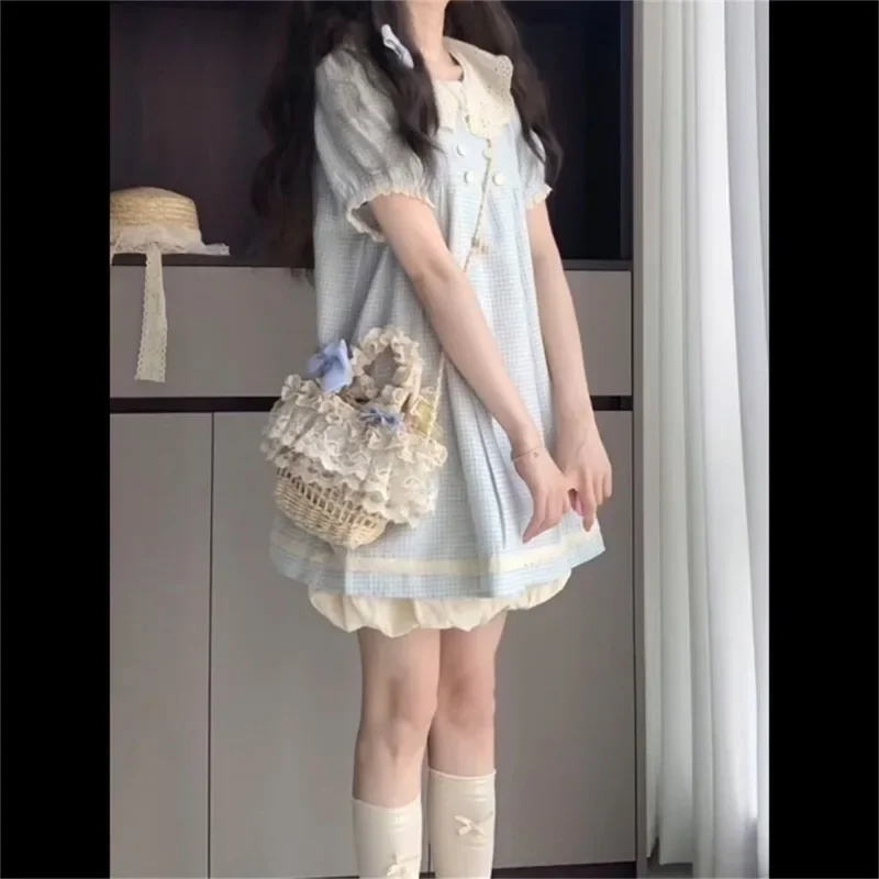 

Women Peter Pan Collar Short Sleeve Tunic Vestidos De Mujer Sweet Dresses 2025Robe Femme Fashion Plaid Cute Summer dsfds2