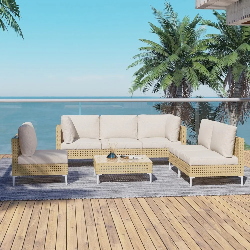 7-Piece Wicker Patio Furniture Set, Outdoor Sectional Conversation Sofa Couch Set with Beige Cushions and Glass Table for Garden