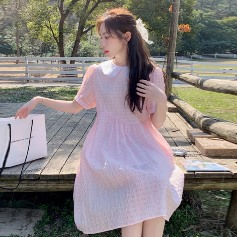 

Sweet Pregnant Woman Summer Clothes Pink Puff Sleeve Block Color Peter Pan Collar Maternity Princess Dress Elegant Dobby Dresses