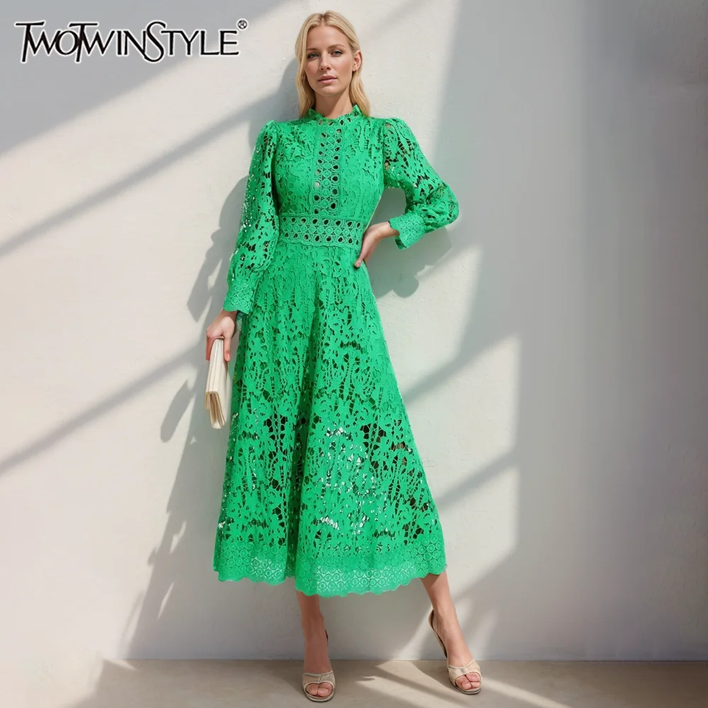 TWOTWINSTYLE Green Dress For Women Stand Collar Long Sleeve High Waist Cut Out Solid Midi Dresses Female Autumn Clothes 2022 New