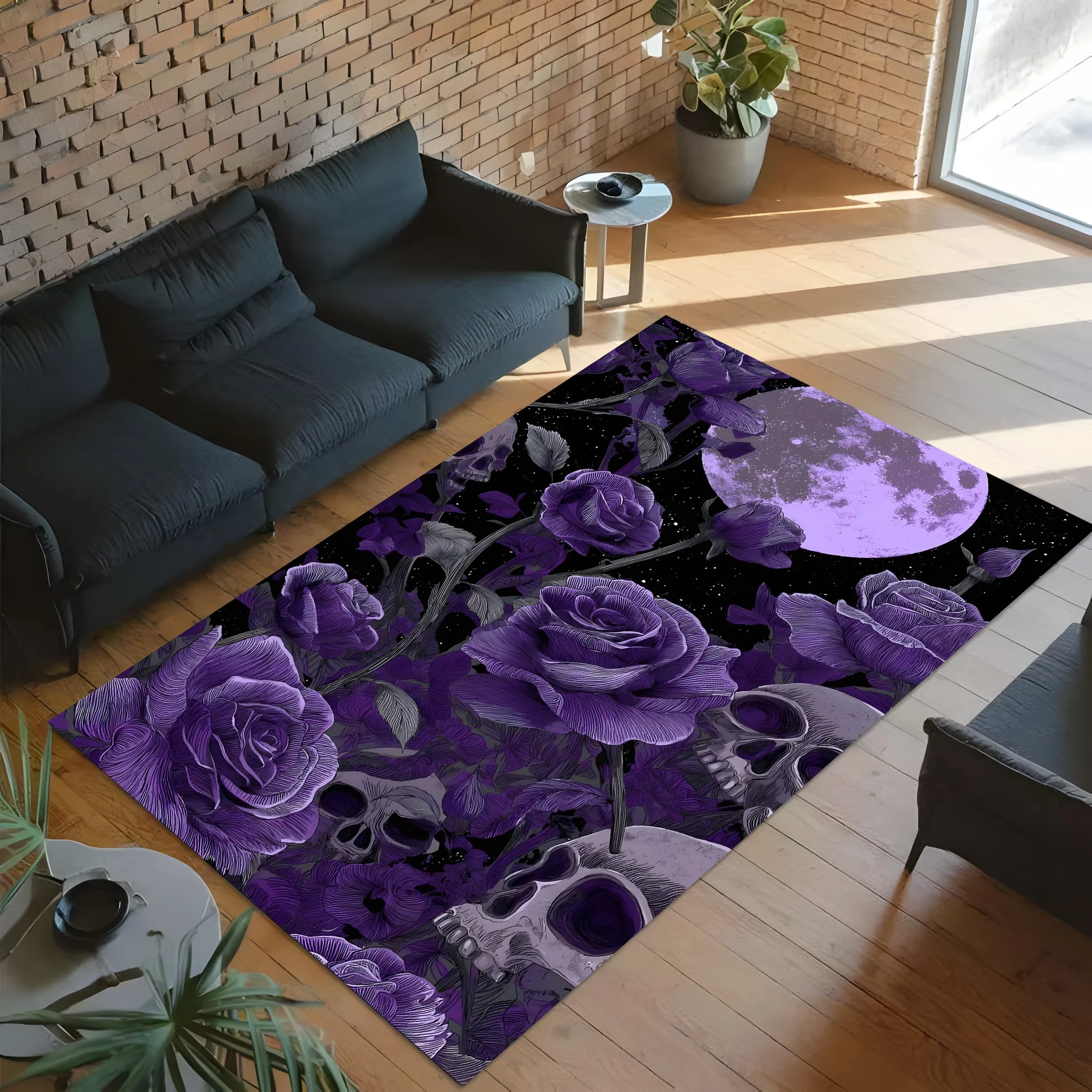 Purple Rose Skull Full Moon Print Gothic Halloween Velvet Rug for Living Room Entryway Bedroom Mysterious Decor