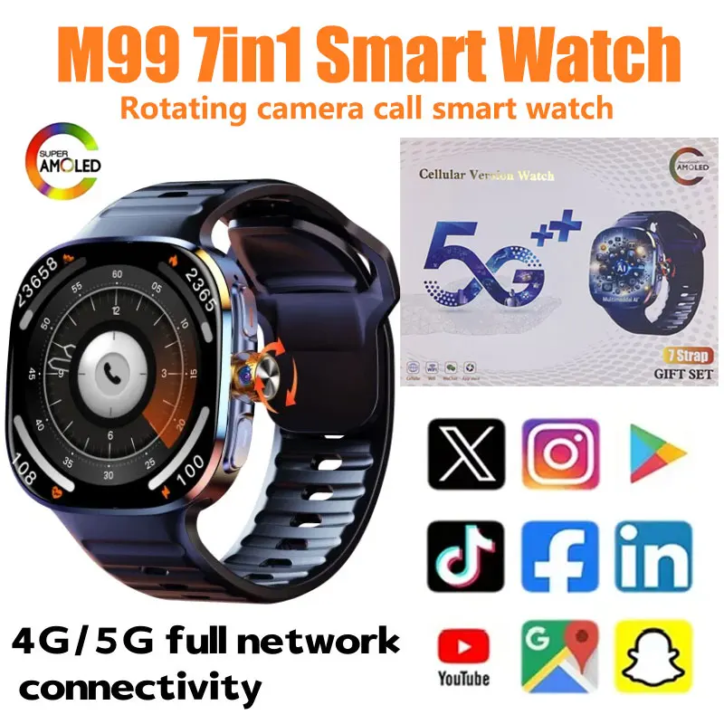 

M99 5G Smartwatch: 2.4" AMOLED, Android OS, Rotating Camera, SIM/WiFi, 24/7 Health Monitoring