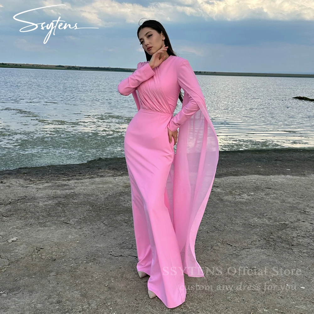 

SSYTENS Elegant Dubai Mermaid Evening Dresses Pink Pleats Long Sleeves Floor Length Saudi Women Prom Gown Formal Occasion Dress