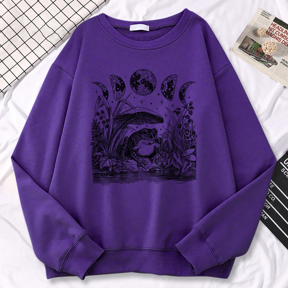 Fashion Casual Womens Pullover Cute Cottagecore Aesthetic Frog Fantasy Print Hoodies Loose Crewneck Sweatshirts Warm Fleece Tops