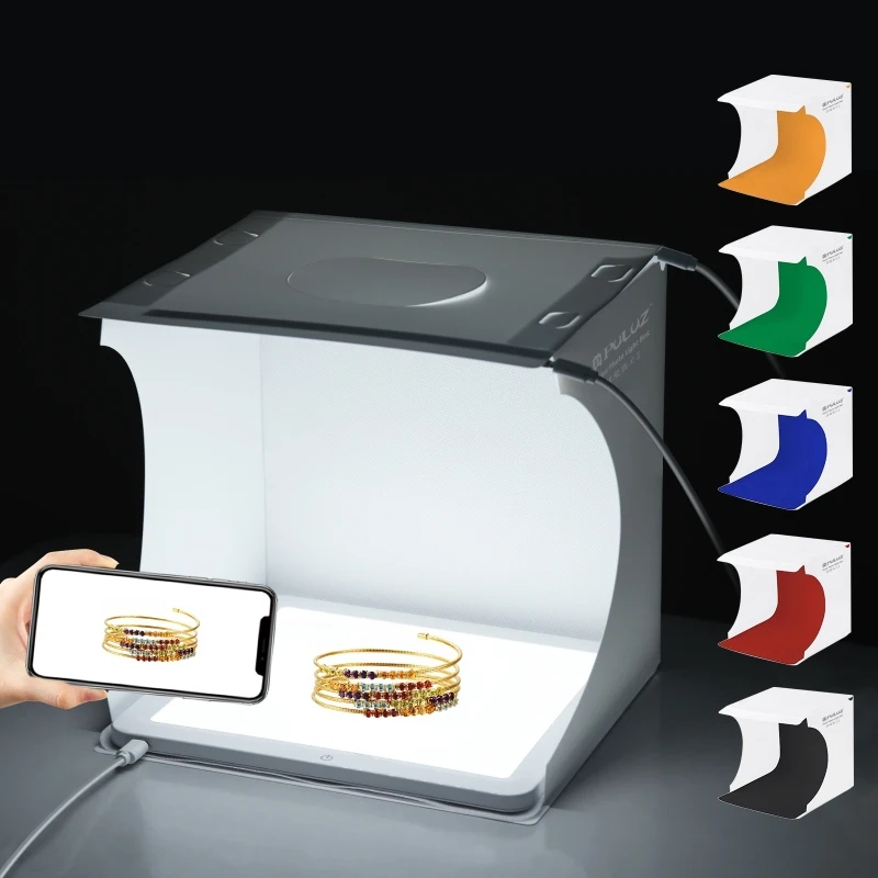 PULUZ Mini LED Photography Shadowless Light Lamp Panel Pad + 2 LED 1100LM Photo Studio Shooting Tent Box with 6 Colors Backdrops