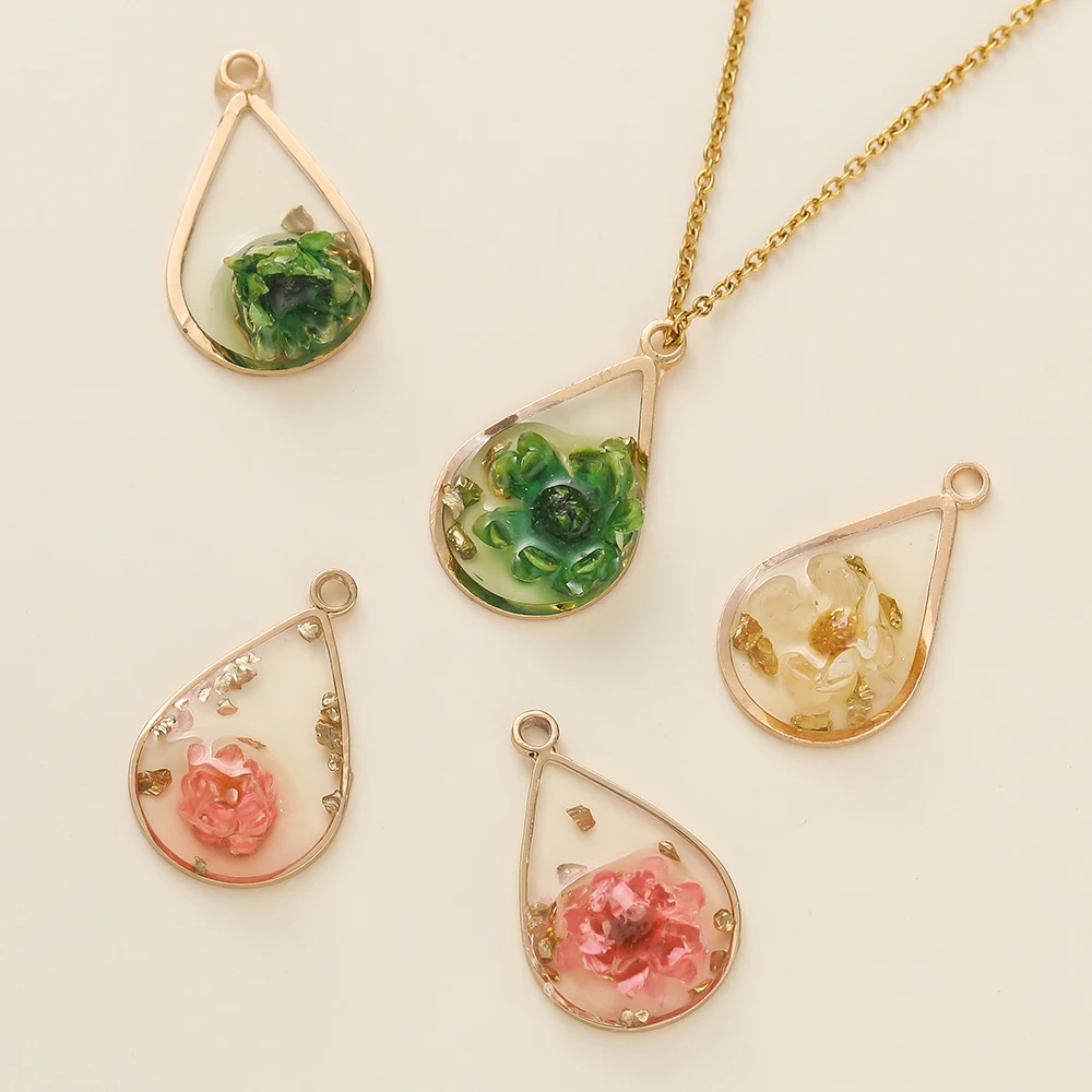 

2Pcs/Pack 18K Gold Color Plated Resin Droplet Shape Flower Pendants for DIY Bracelet Necklace Jewelry Making Accessories