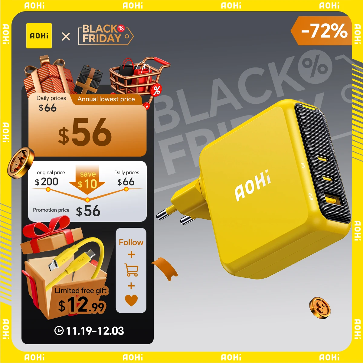 

AOHI Magcube Pro 140W GaN Charger PD3.1 3-Port USB C Charger For Macbook Pro Laptop Fast Charger For iPhone 16 Xiaomi Tablet