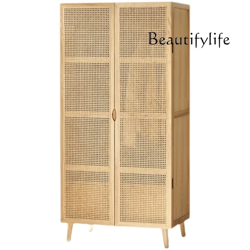 Modern simple solid wood rattan large wardrobe Japanese-style bedroom opposite door complete double door hanging wardrobe