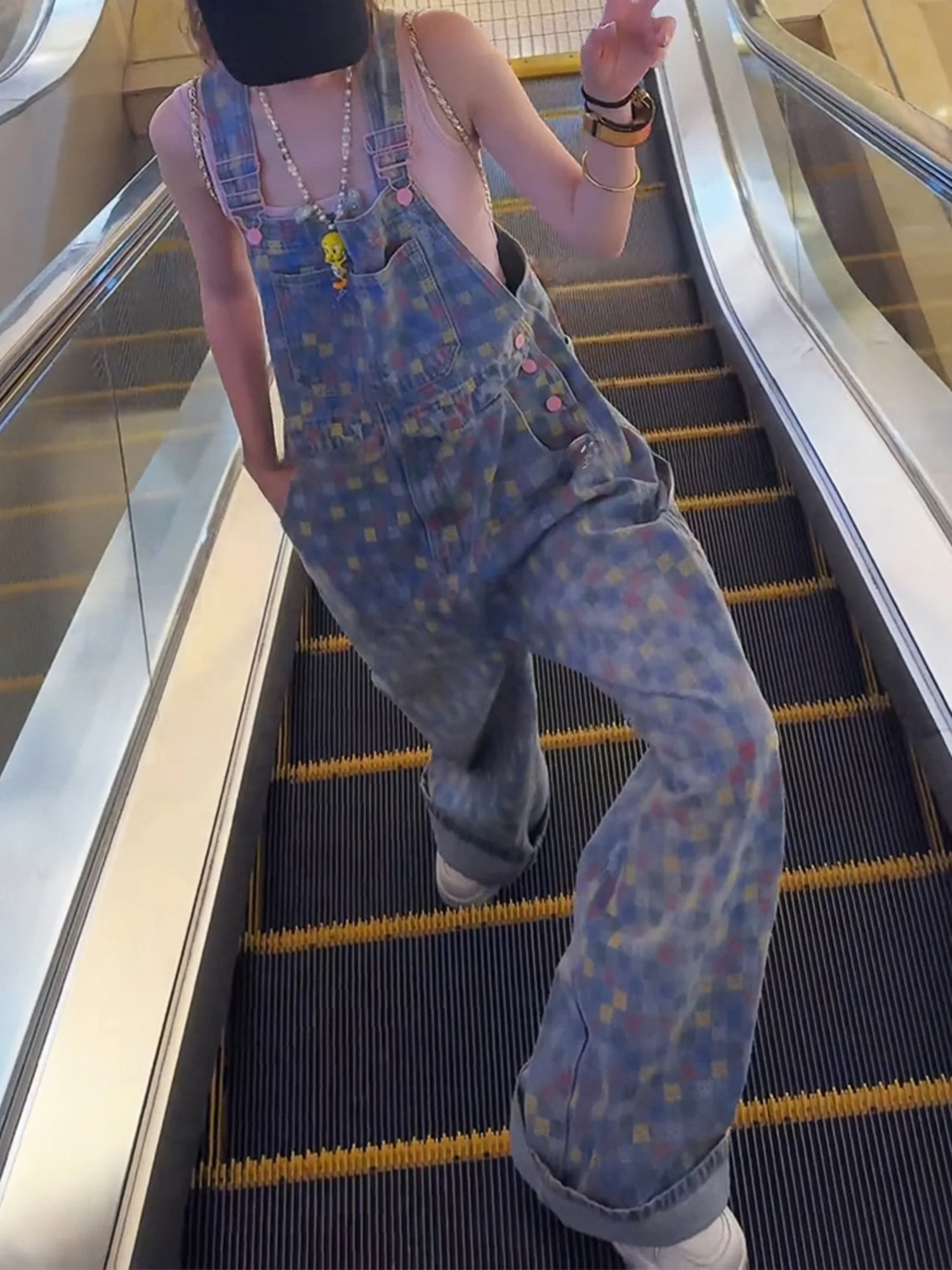 

Ретро-джинсовые комбинезоны в американском стиле с эффектом пэчворк, женские, свободного кроя, с высокой талией, в пол, в стиле кэжуал, с потертостями