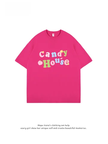 Dopamine Boosting Fuchsia White Short Sleeve T-Shirt Women's Loose Slimming Fun Letter Print Summer Top Korean Style Cotton