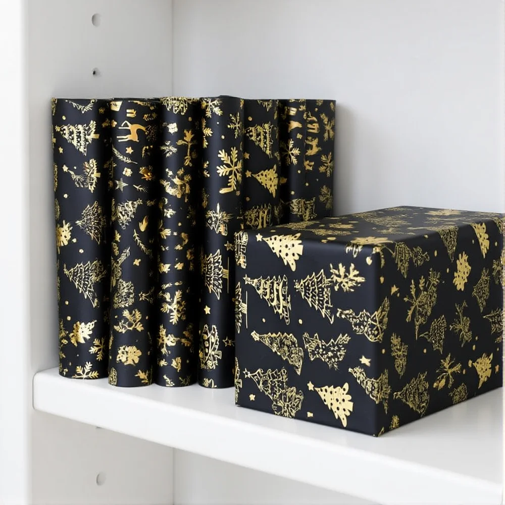 50x70cm Hot Stamping Gold Christmas Gift Wrapping Paper Xmas Tree Elk Snowflake Flower Bouquet Packaging Xmas New Year Decor