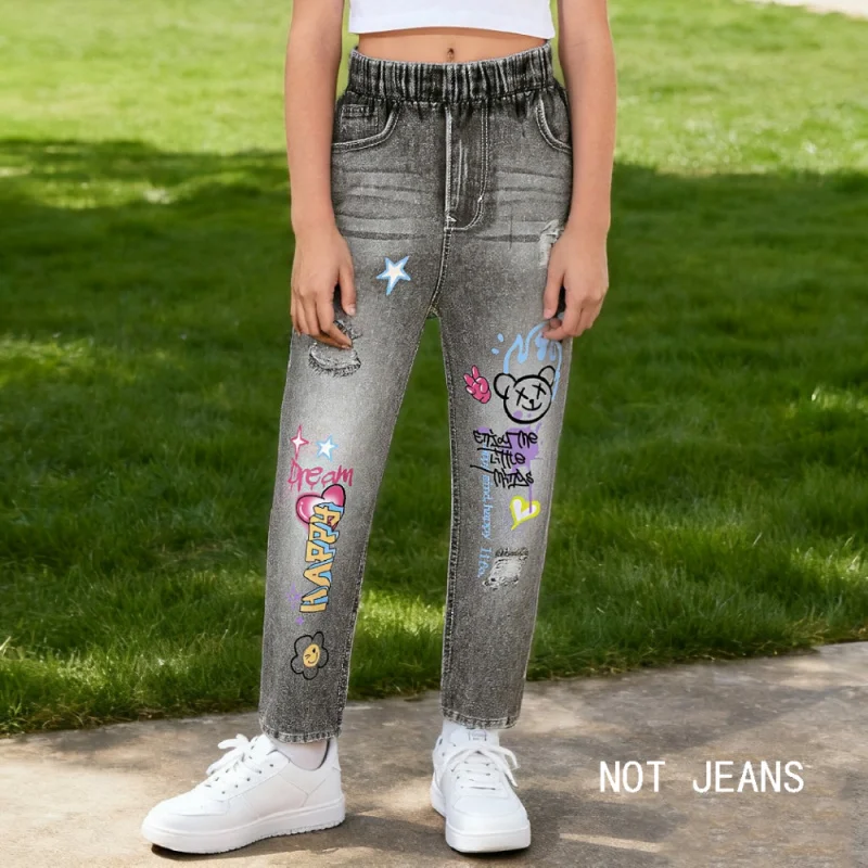 

2025 Hot-selling Children's Color Graffiti Cartoon Printing, Girls' Elastic Waist Imitation Casual Imitation Denim Trousers
