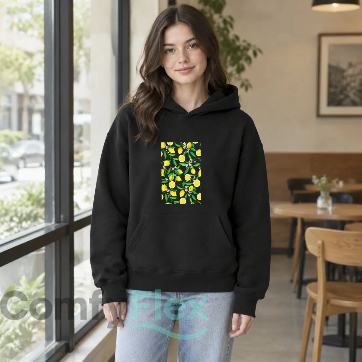 Lemon Citrus Fruit Leaves And Blossoms Pattern Autumn and winter new men's and women's hooded sweatshirts