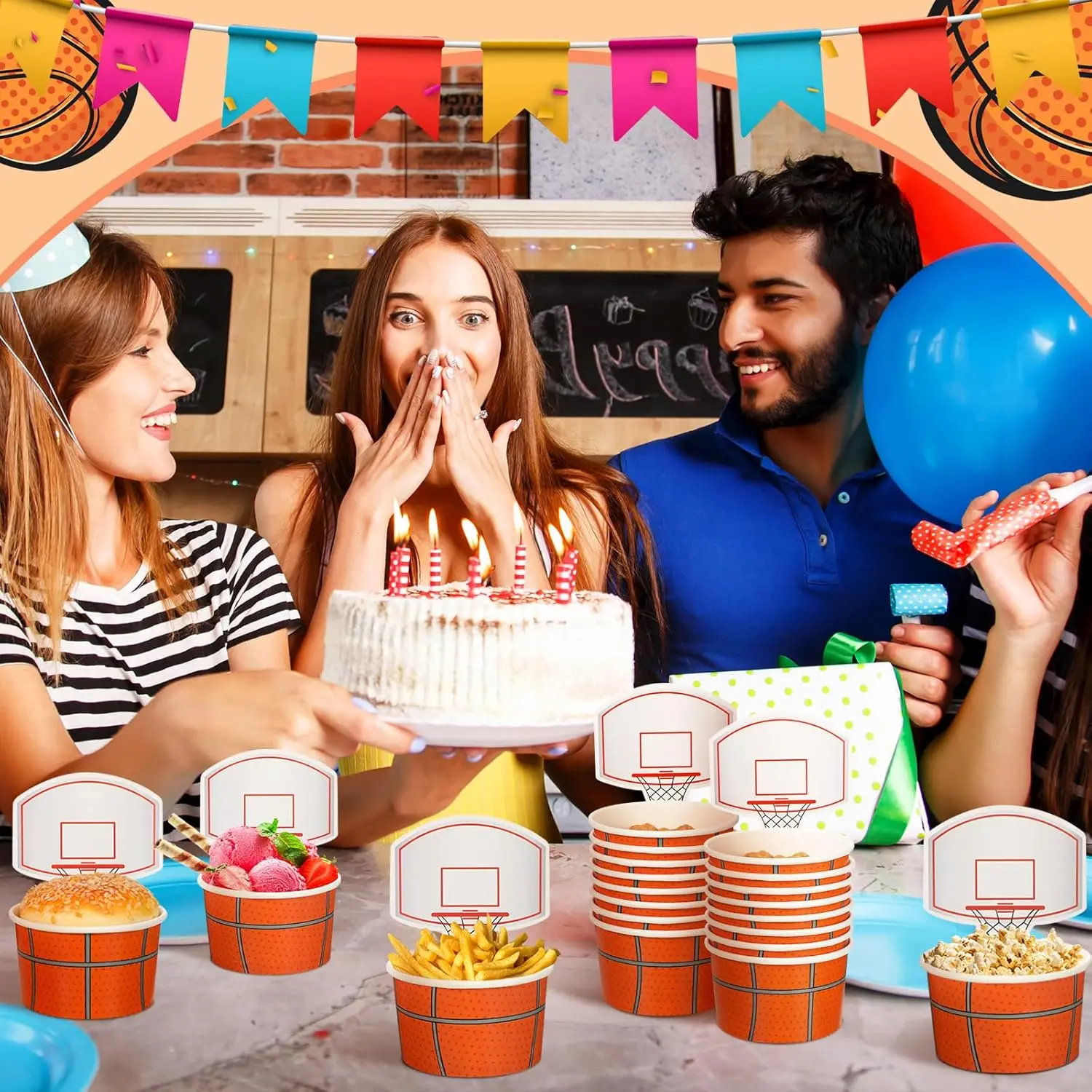 Basketballkorb-Snackbecher mit Karten, Einweg-Lebensmittelschalen mit 8 Unzen Leckereien für Basketball-Partygeschenke, 10 Stück