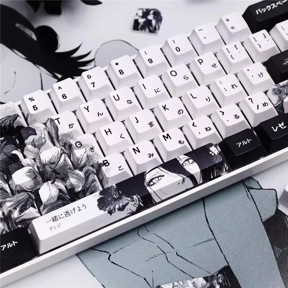 White Black Anime Theme Keycaps Set Customized PBT Sublimation Cherry Profile Keyboard Caps for Mechanical Keyboard Gifts