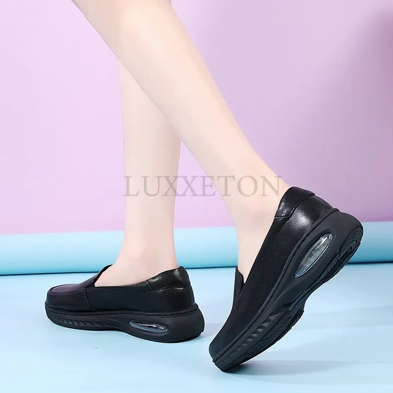 Genuine Leather Women Flats Shoes Slip on Moccasins Women Loafers Health Work Walking Soft Non Slip Hospital Nurse Shoes