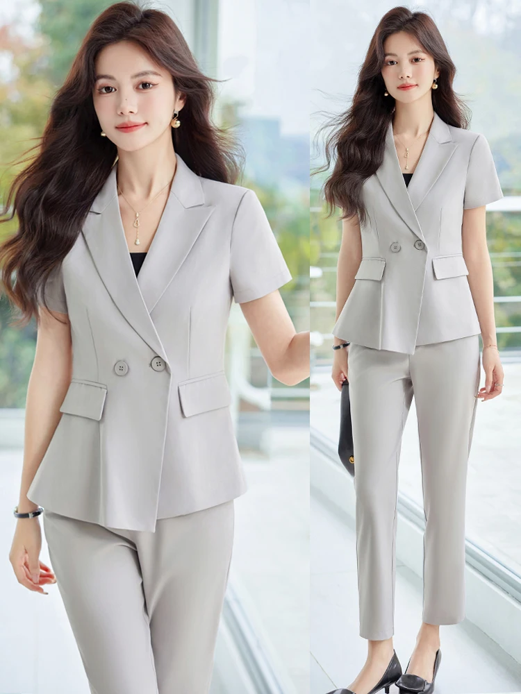 

Серый женский летний пиджак с коротким рукавом, профессиональная рабочая одежда, униформа для персонала отеля, элегантный стиль, полиэстер