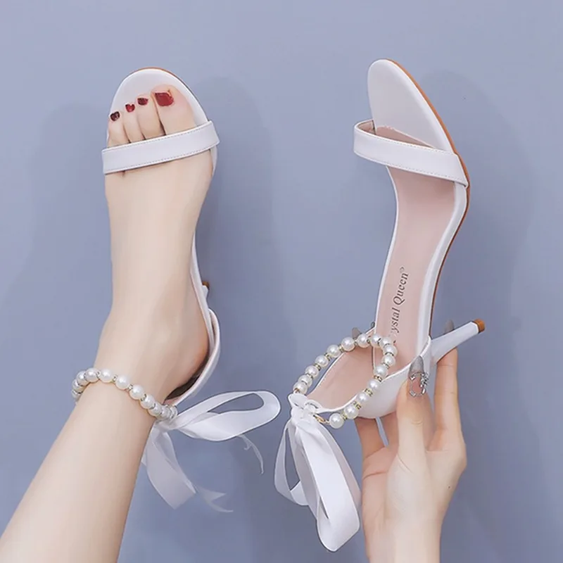 Sexy Wedding Women Sandals Ankle Strap PU 7CM Thin Heels Light Mouthed White Pearl Ribbon Fish Mouth and Exposed Toes Women Shoe