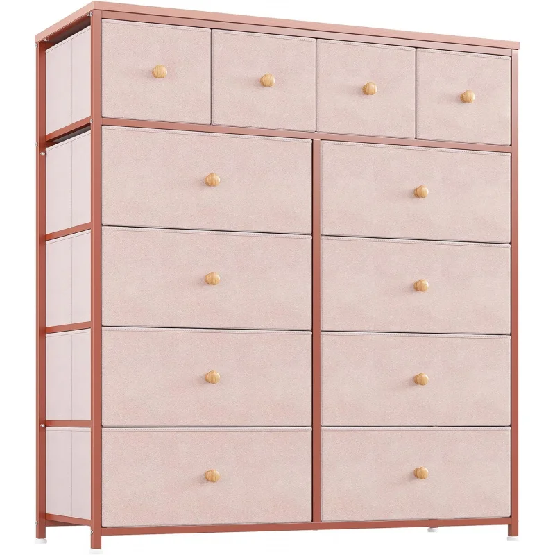 Cómoda rosa para dormitorio de niñas con 12 cajones, cómoda para dormitorio con estructura de metal resistente y tapa de madera