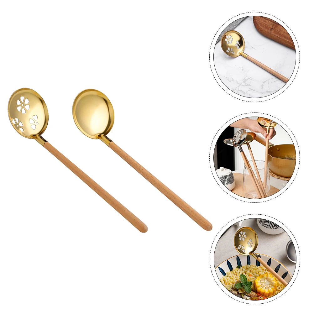 

2Pcs Hot Pot Ladle Strainer Spoon Stainless Steel Wooden H Kitchen Tool Food Grade 304 Dishwasher Safe Serving Utensil