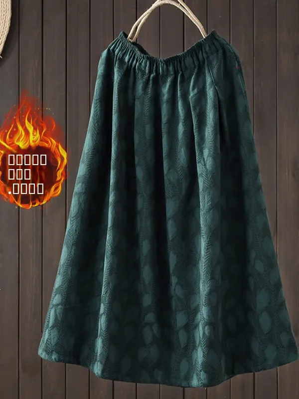 

Ele Cotton Linen Thiened Floral Embroidery Versatile Slimming A-Line Midi Skirt for Middle-Aged Women Ci Walk Sle