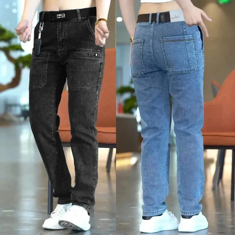 2024 New Men Jeans Fashion Pocket Cargo Denim Pants Korea Casual Pants Straight Jean Womens Streetwear Blue Gray