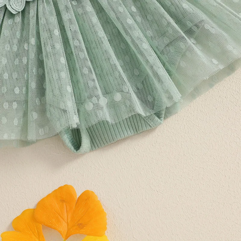 여아용 메쉬 스커트 바디 수트, 반팔 O넥 플라워 단색 점프수트, 활 포함, 0-18 개월 여름 옷