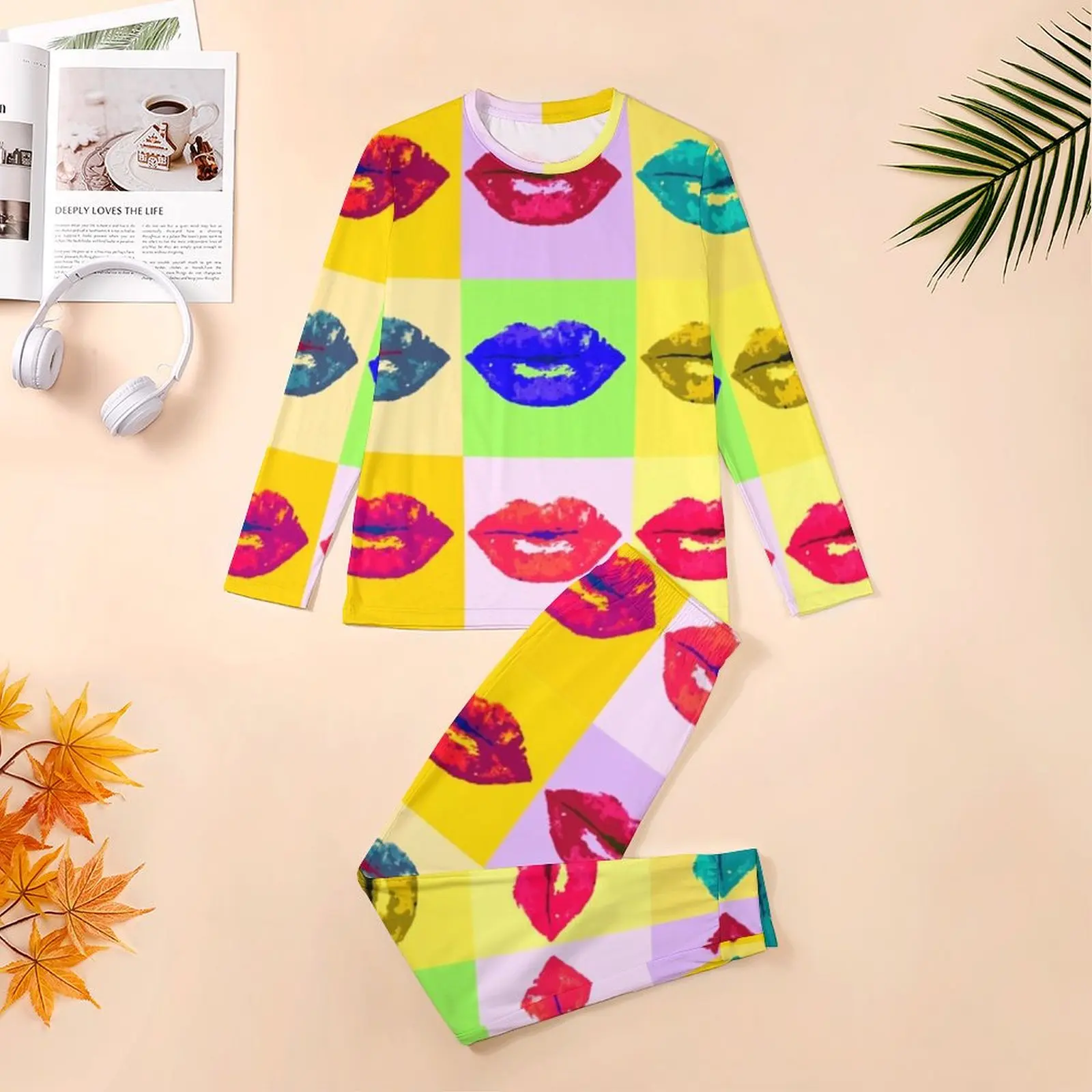 Colorful Lips Print Pajamas Man Pop Kiss Elegant Home Suit Daily Long Sleeve 2 Piece Night Printed Pajamas Set Big Size