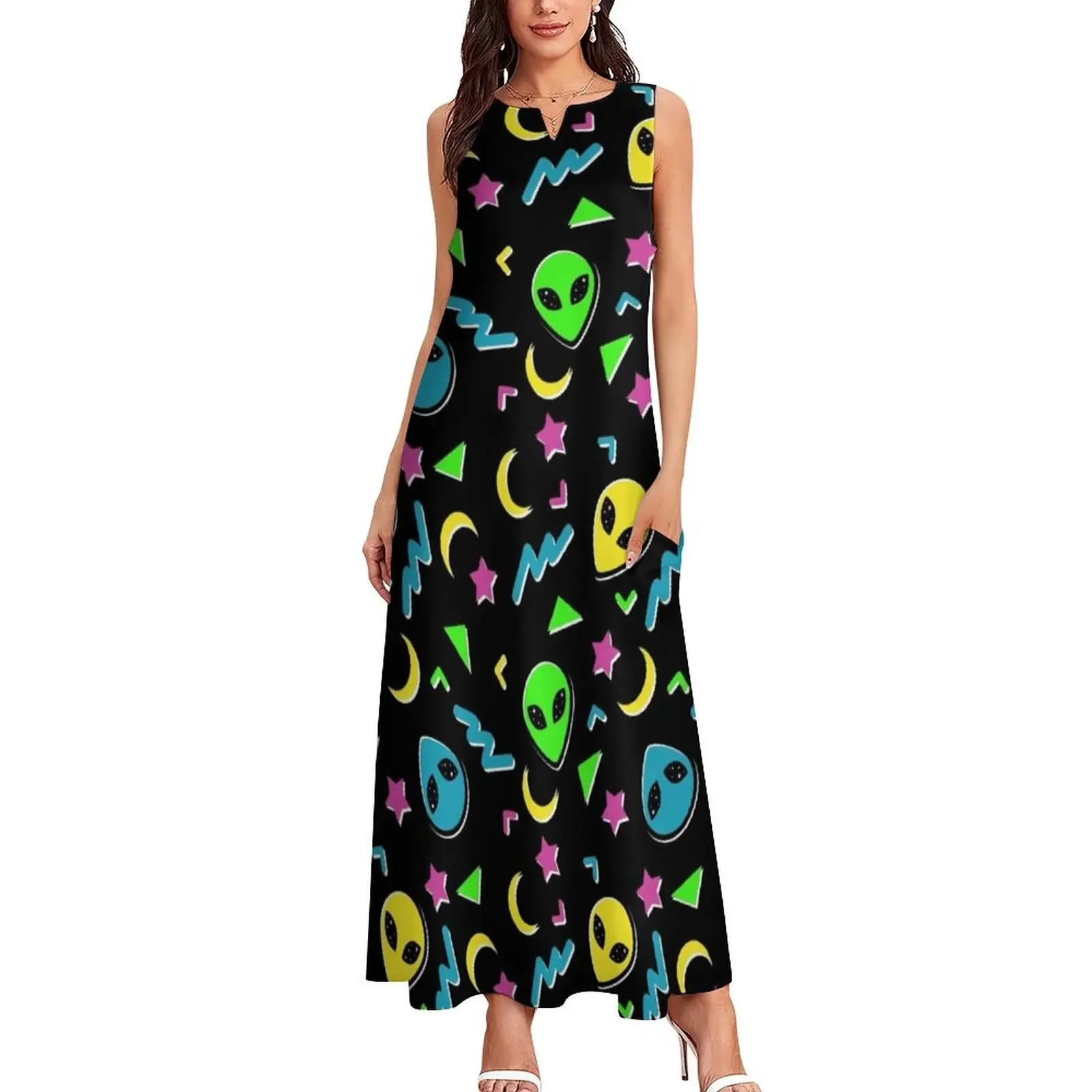 90s Geometric Alien - Black and Neon Long Dress dress summer clothes for women