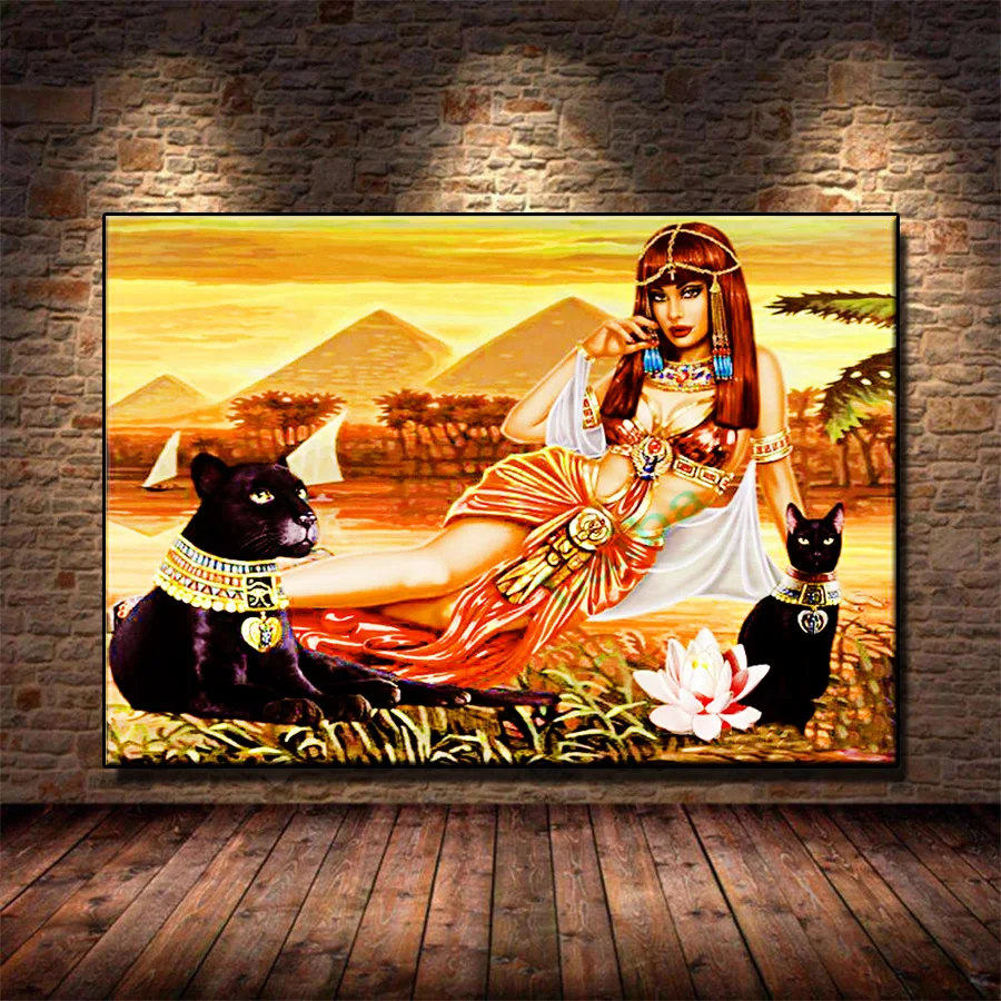 DIY Full round diamond embroidery Egyptian beauty black panther diamond painting 5D square picture rhinestones room decoration