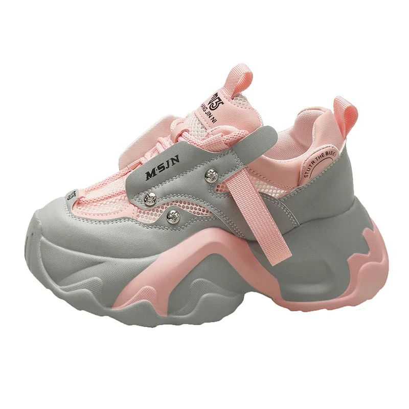 

Thick 7.5CM Air Mesh Mixed Color Ins Genuine Leather Summer Women Daddy Breathable Chunky Sneaker Breathable Fashion Shoes