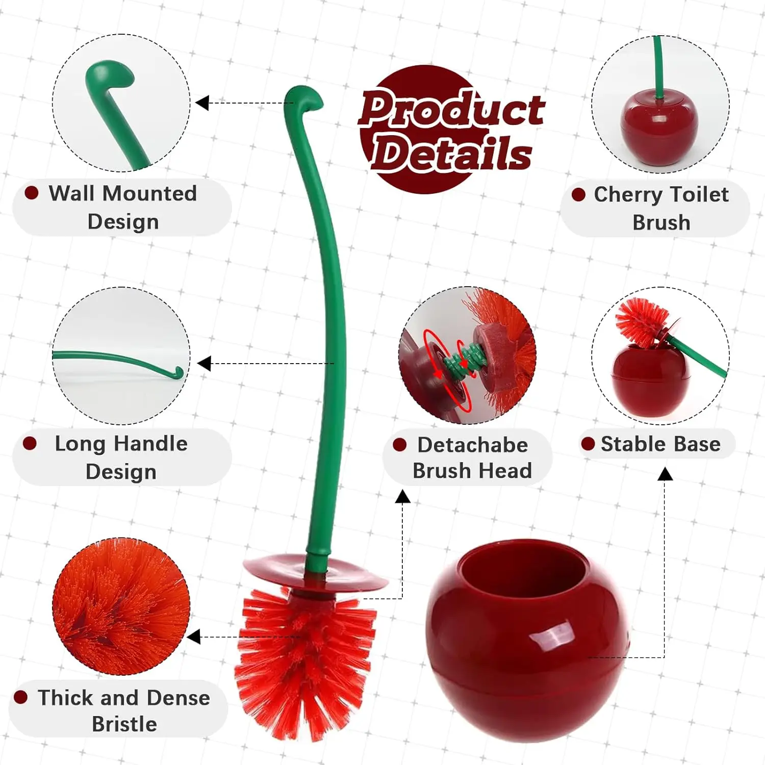 3 Colors Cherry-Shaped Toilet Brush Set – Free-Standing Long Handle Cleaner with Holder for Bathroom | Cute & Functional view 3