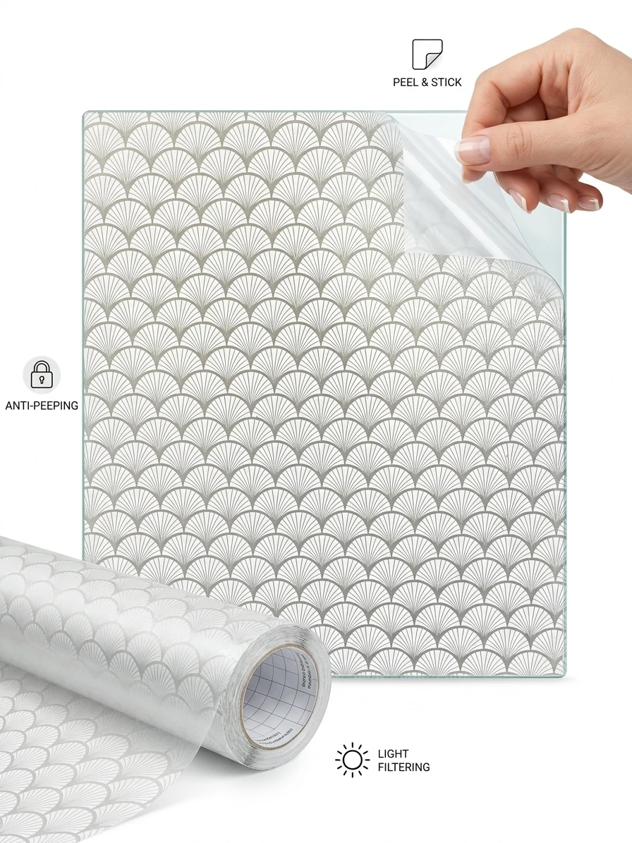 Art Deco Fan Pattern Window Film Self-Adhesive Anti-Peeping Privacy Glass Sticker Light Filtering Waterproof Decor for Bathroom
