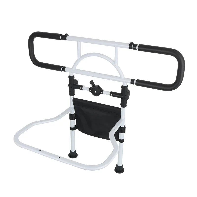

The elderly get up, handrail beside bed is lengned, protective fence gets up, and bedside auxiliary device is