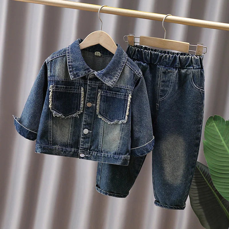 Girls Vintage Wash Denim 2Pcs Frayed Pocket Jacket Elastic Waist Loose Jeans Cowboy Streetwear Outfit Spring Autumn Clothes