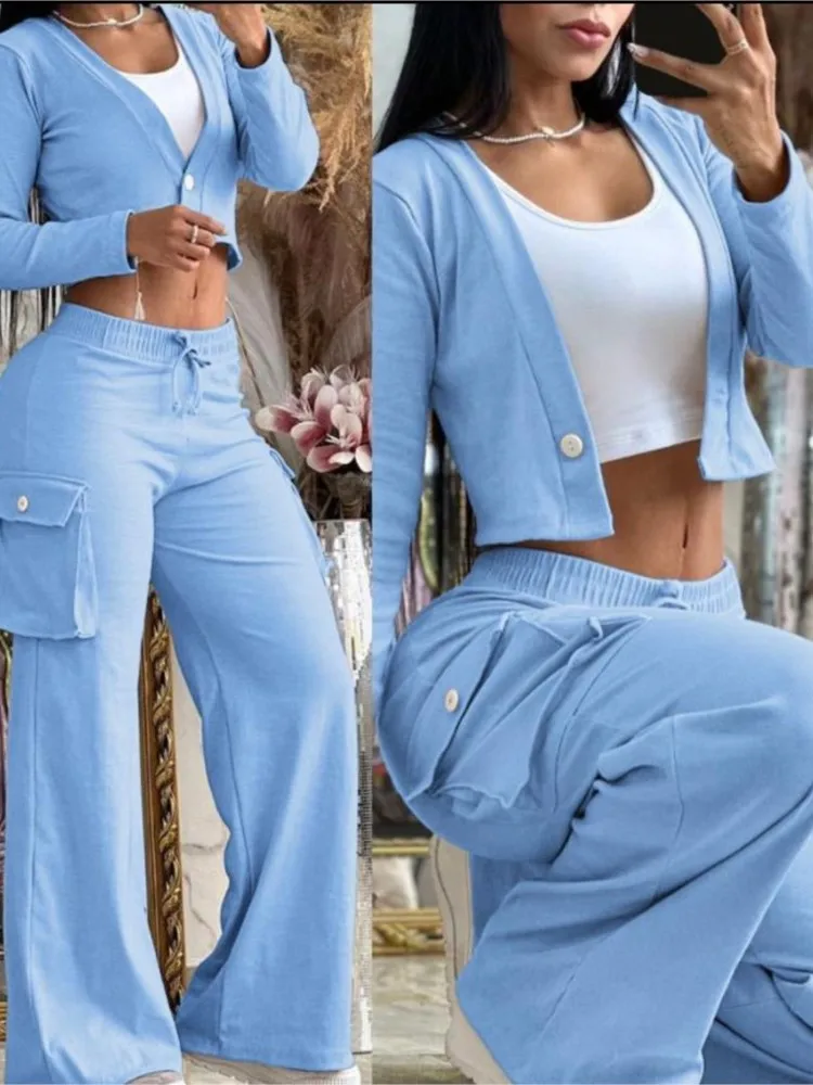 Women\'s Fashion Solid Two Piece Sets Spring Autumn Deep V-neck Button Long Sleeve Navel Exposed Top & Wide Leg Pants Casual Set