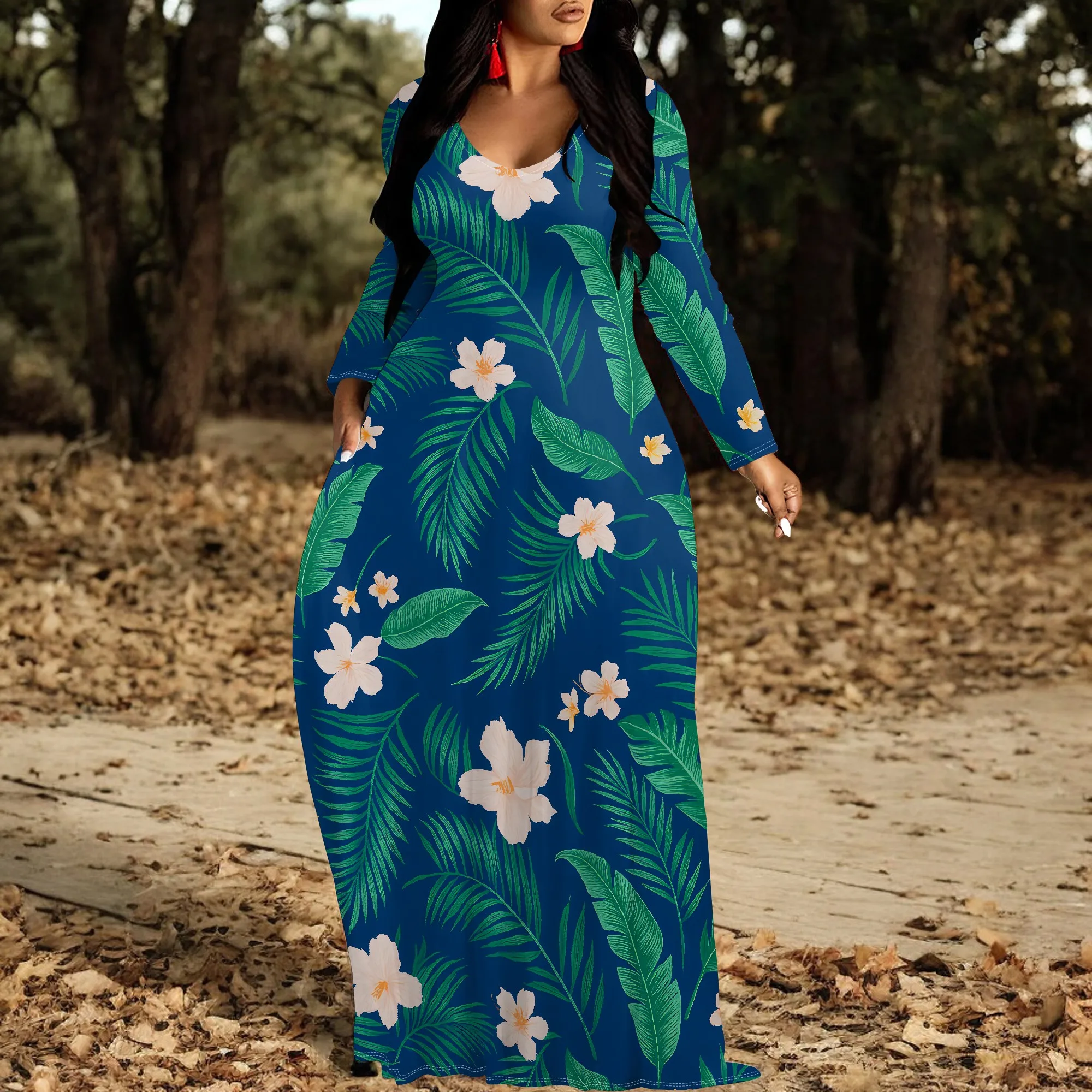 Women's V Neck Maxi Dress Ruffles Full Sleeve Floral Dresses Wedding Guest Sundress with Belt