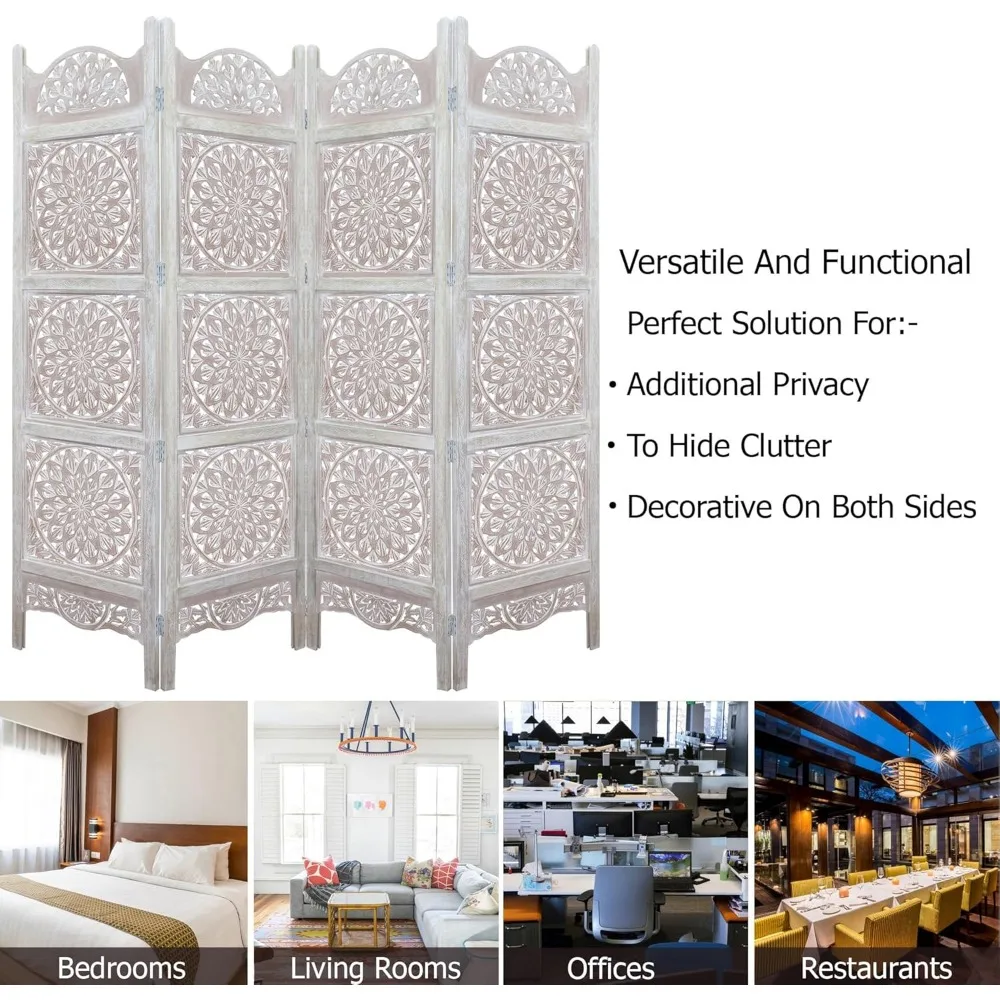 شاشة أرضية خشبية مع ميدالية بيضاء - تصميم قابل للطي بأربعة ألواح - 72 × 80 - منحوت يدويًا، محمولة، وظيفية قابلة للعكس #5