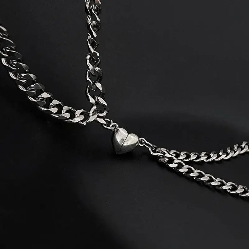 2Pcs Punk Silver Color Chain Couple Bracelet for Women Stainless Steel Romantic Magnet Men Paired Things Fashion Jewelry 2022