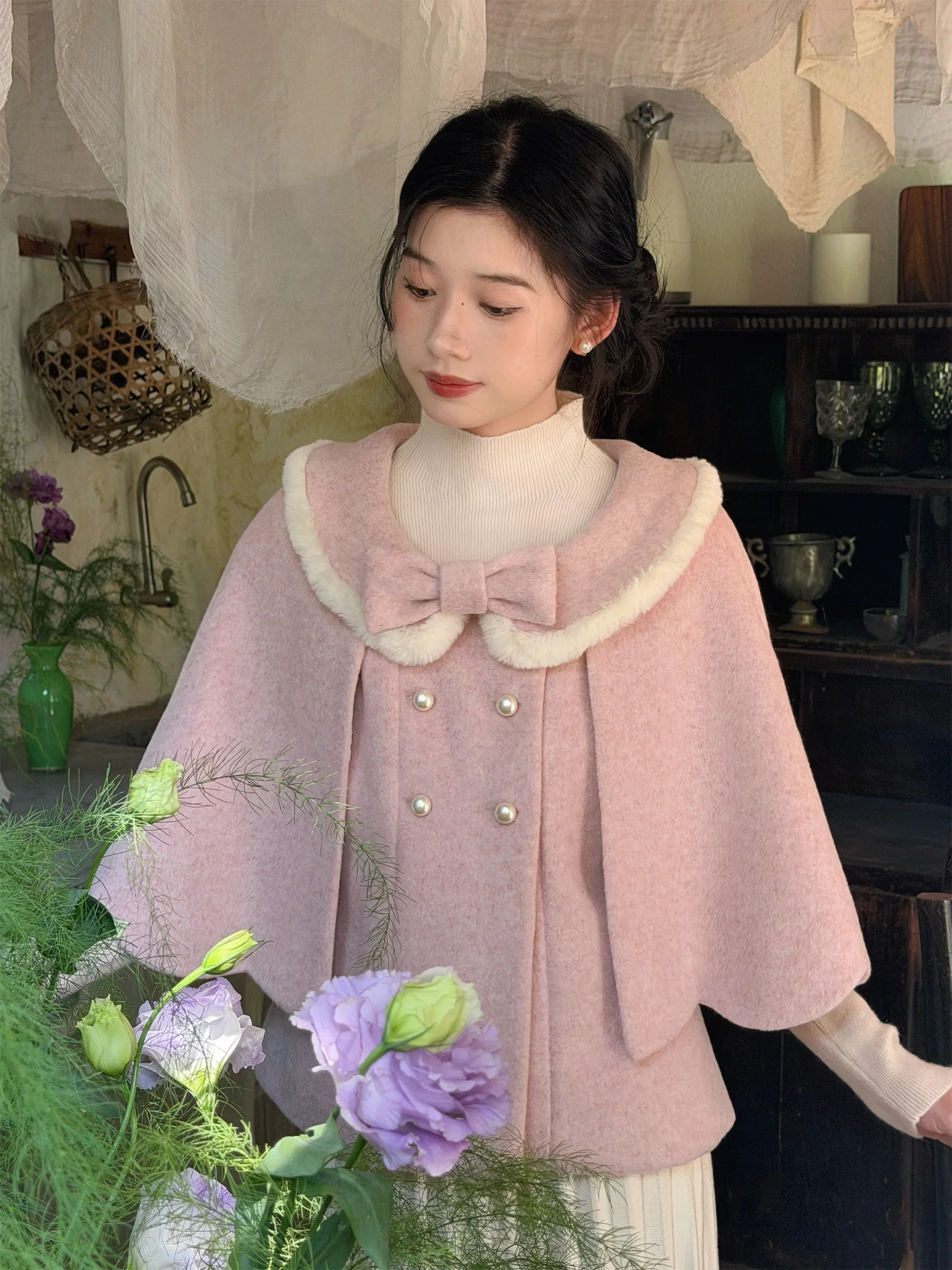 

Pearl "Honey Peach Milk Froth" Vintage Girl Collar Woolen Coat Petal Design Pink Outerwear for Women Winter Season