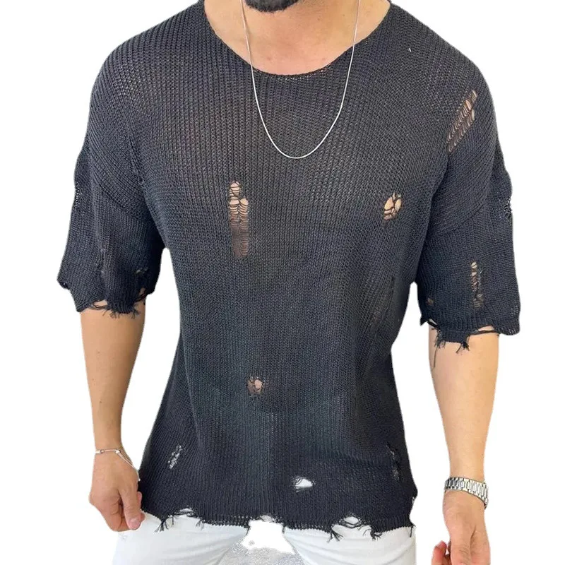 2024 Summer New Men\'s Solid Color Sweater Round Neck Short Sleeve Hollow-out Pullover Sweater Top Shirts