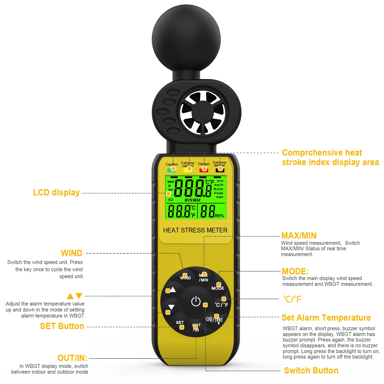 BTMETER BT-881W Air Anemometer RPM Meter Wind Digital Tachometer Handheld 4 In 1 Wind Speed Meter With Humidity Temperature Test